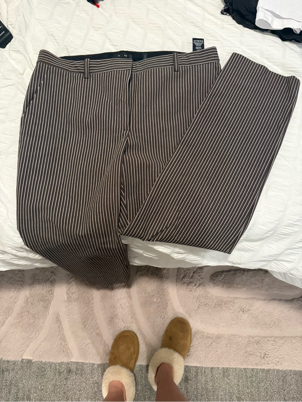 Theory Brown Pinstripe Trousers with White Stripes